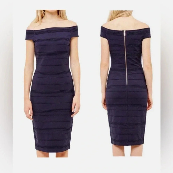 Ted Baker London Women's Textured Off Shoulder Navy Bodycon Dress Size 1(2-4 US) - Picture 1 of 10